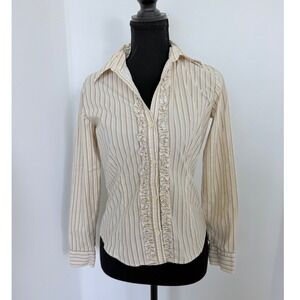 Y2K Striped Button Down Ruffle Fitted Blouse Office Siren Coquette Preppy XS